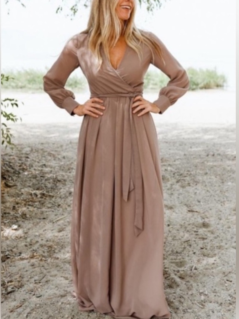 Baltic Born Taupe Long Sleeve Wrap Maxi Dress